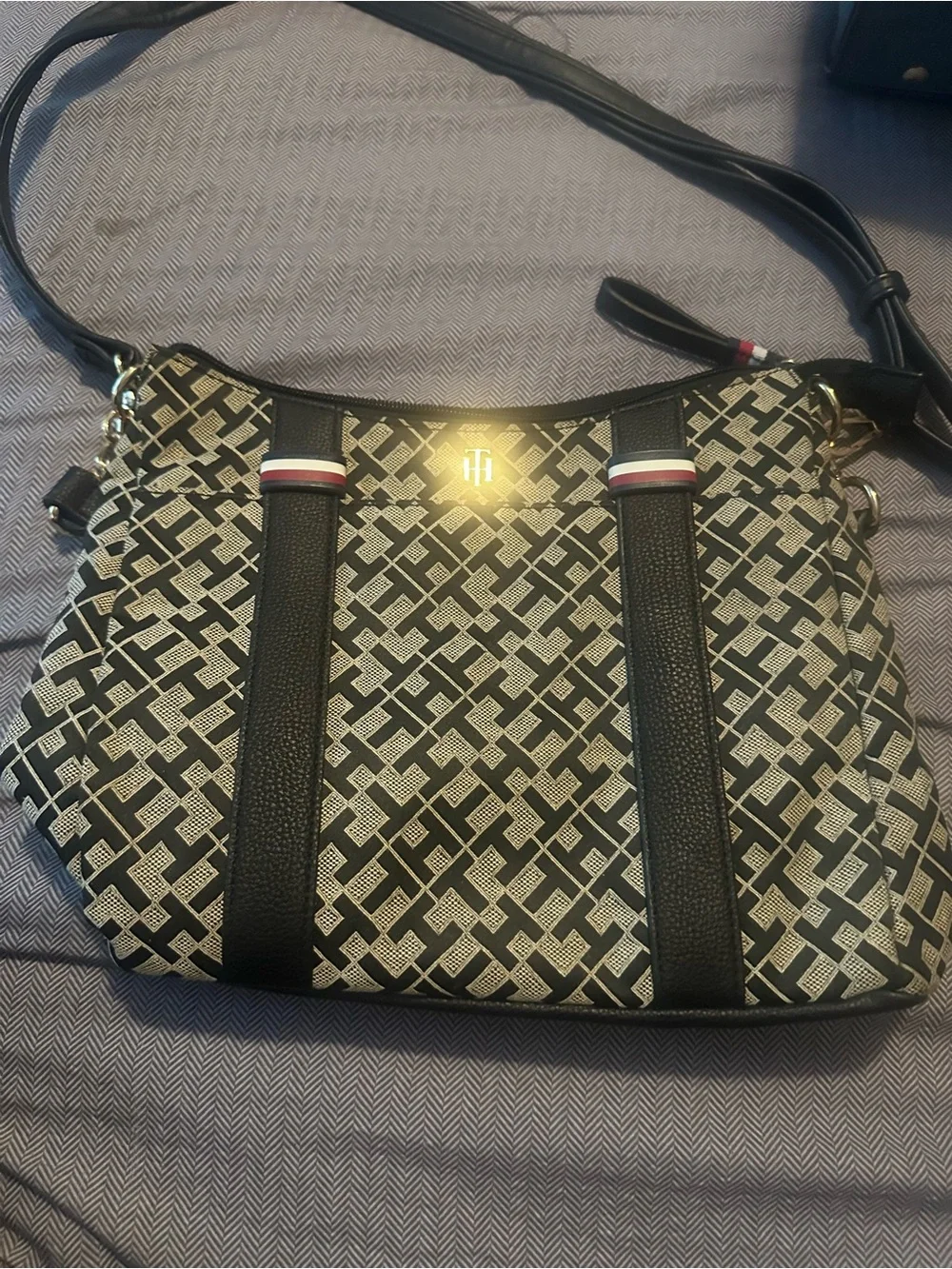 Tommy Hilfiger Black & White Monogram Shoulder Bag with Tricolor Accent
